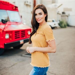 Mustard Stripe Ruffle Sleeve Top